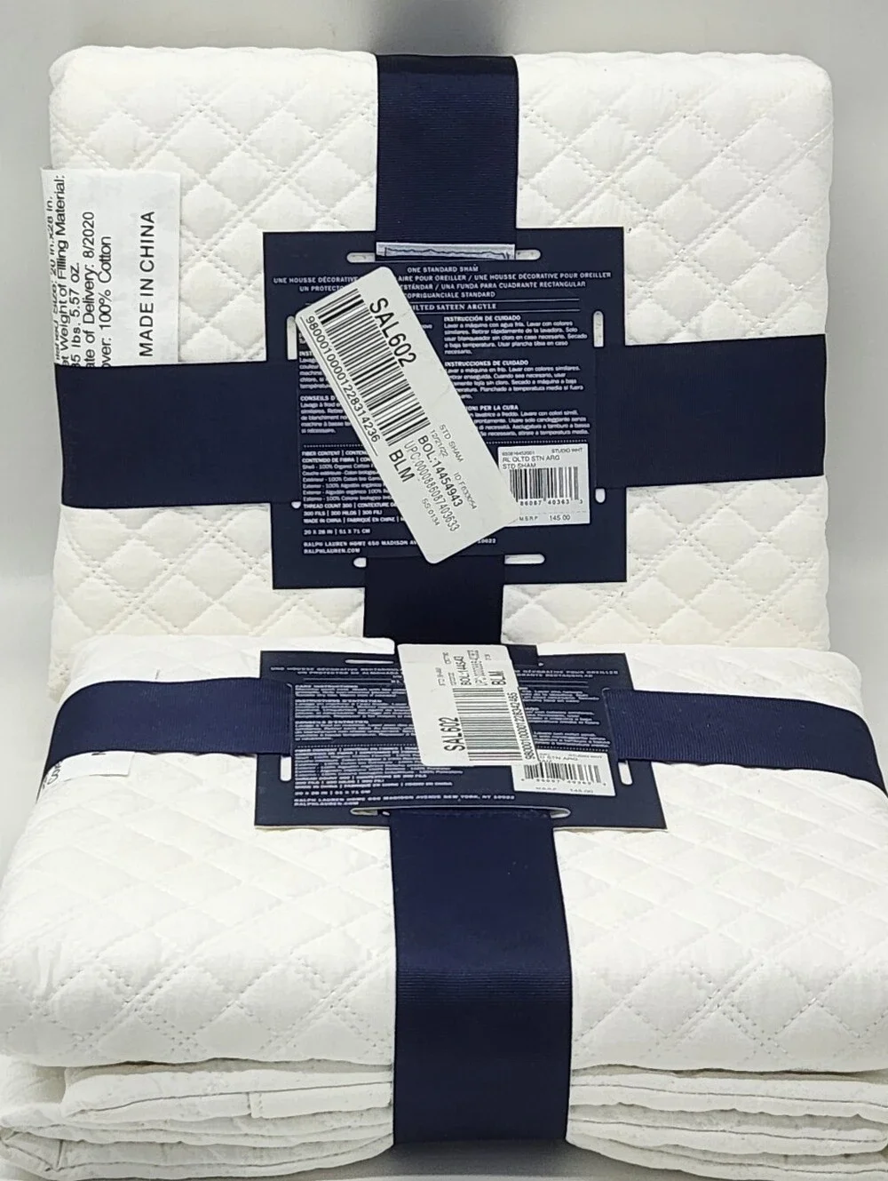 Ralph Lauren RL Quilted Sateen Argyle Standard Shams Set of 2 Studio White